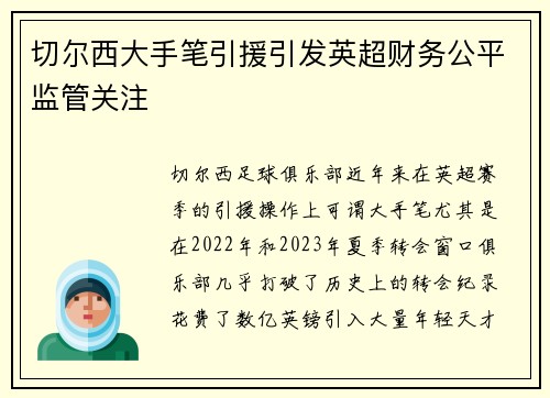 切尔西大手笔引援引发英超财务公平监管关注 切尔西大手笔引援引发英超财务公平监管关注